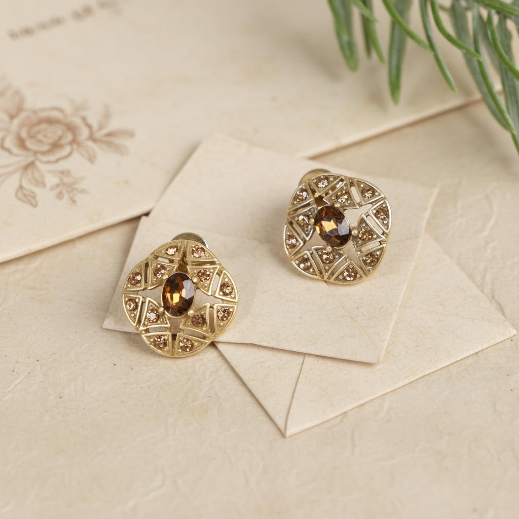 Vintage 18K Gold Plated Hollow Caramel Crystals Earrings