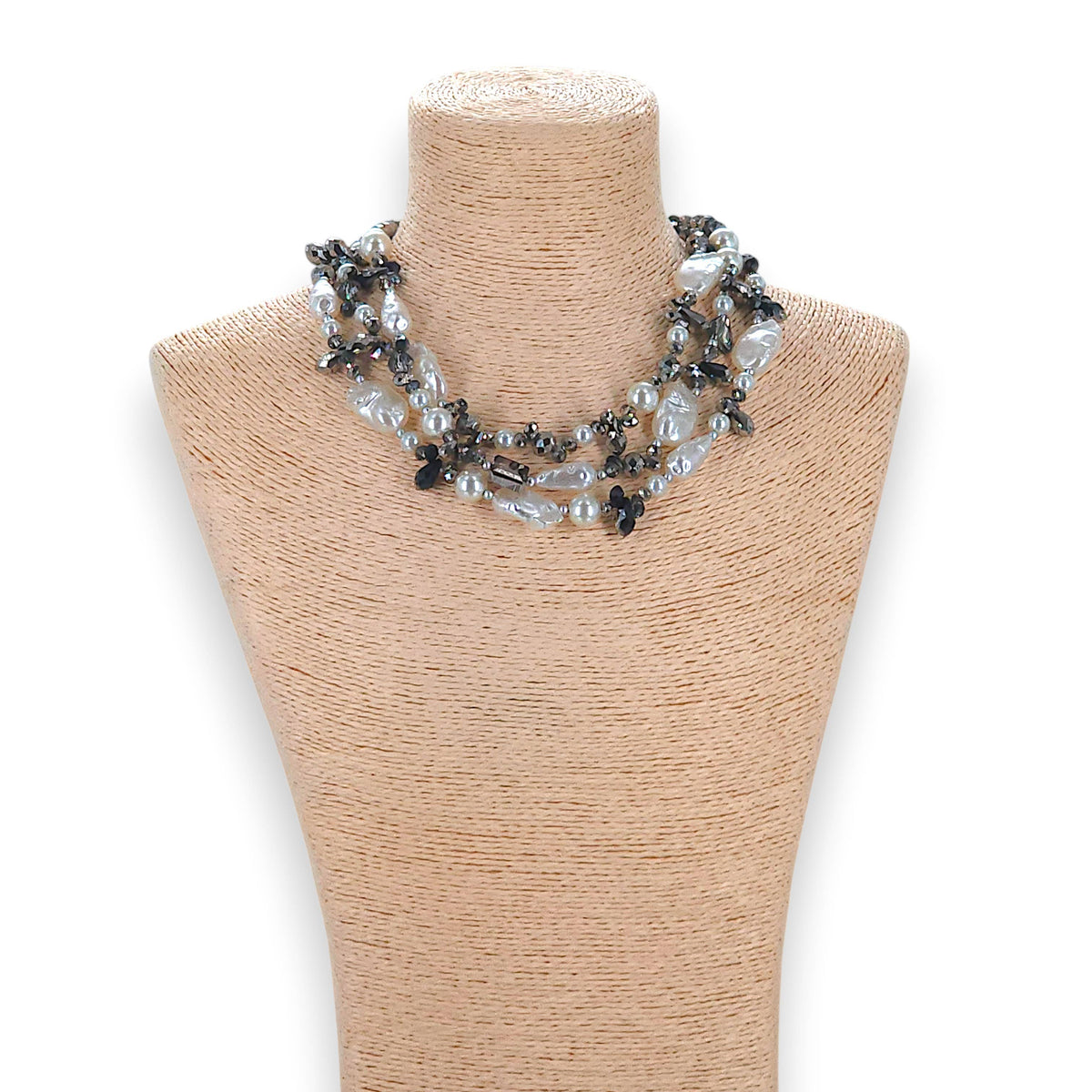 Chunky Pearl Beaded Crystal Multistrand Statement Necklace