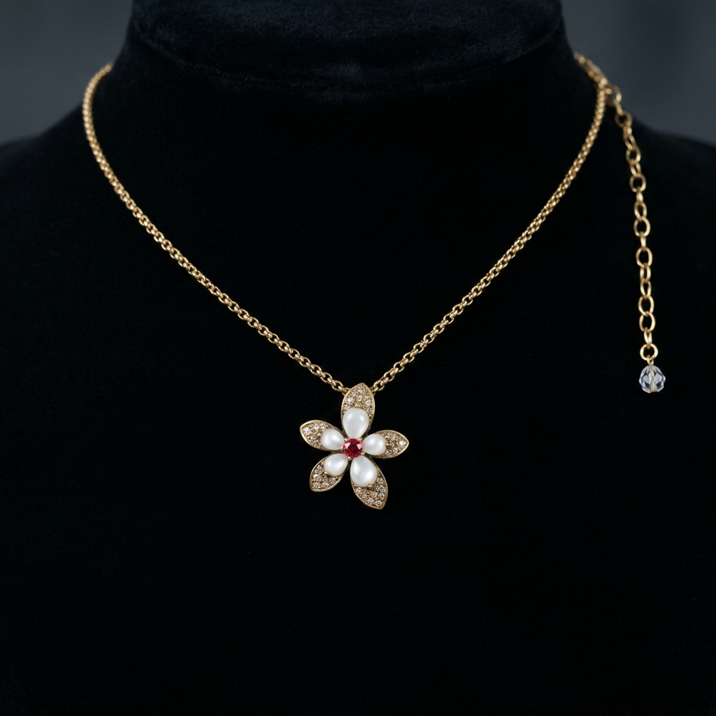 Vintage Gold Plated Shell & Crystals Flower Pendant Necklace