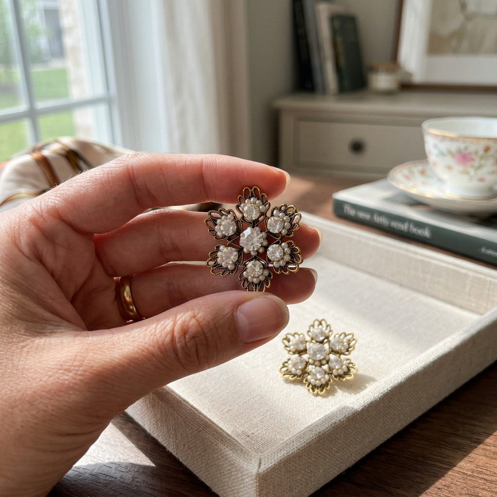 Vintage Gold Plated Hollow Floral Pearls & Crystals Earrings