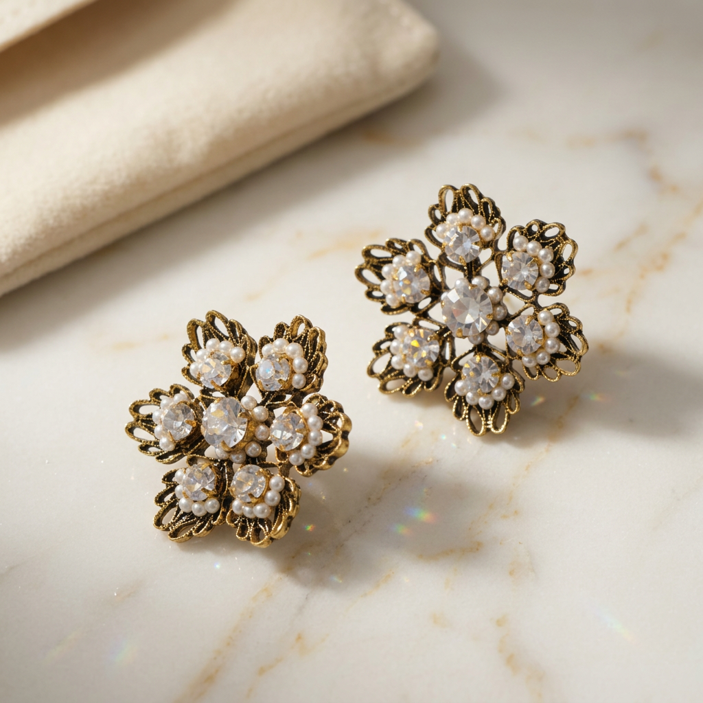 Vintage Gold Plated Hollow Floral Pearls & Crystals Earrings