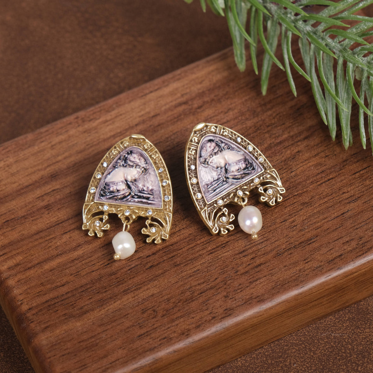 Vintage Gold Plated Cameo Freshwater Pearl Dangle Earrings