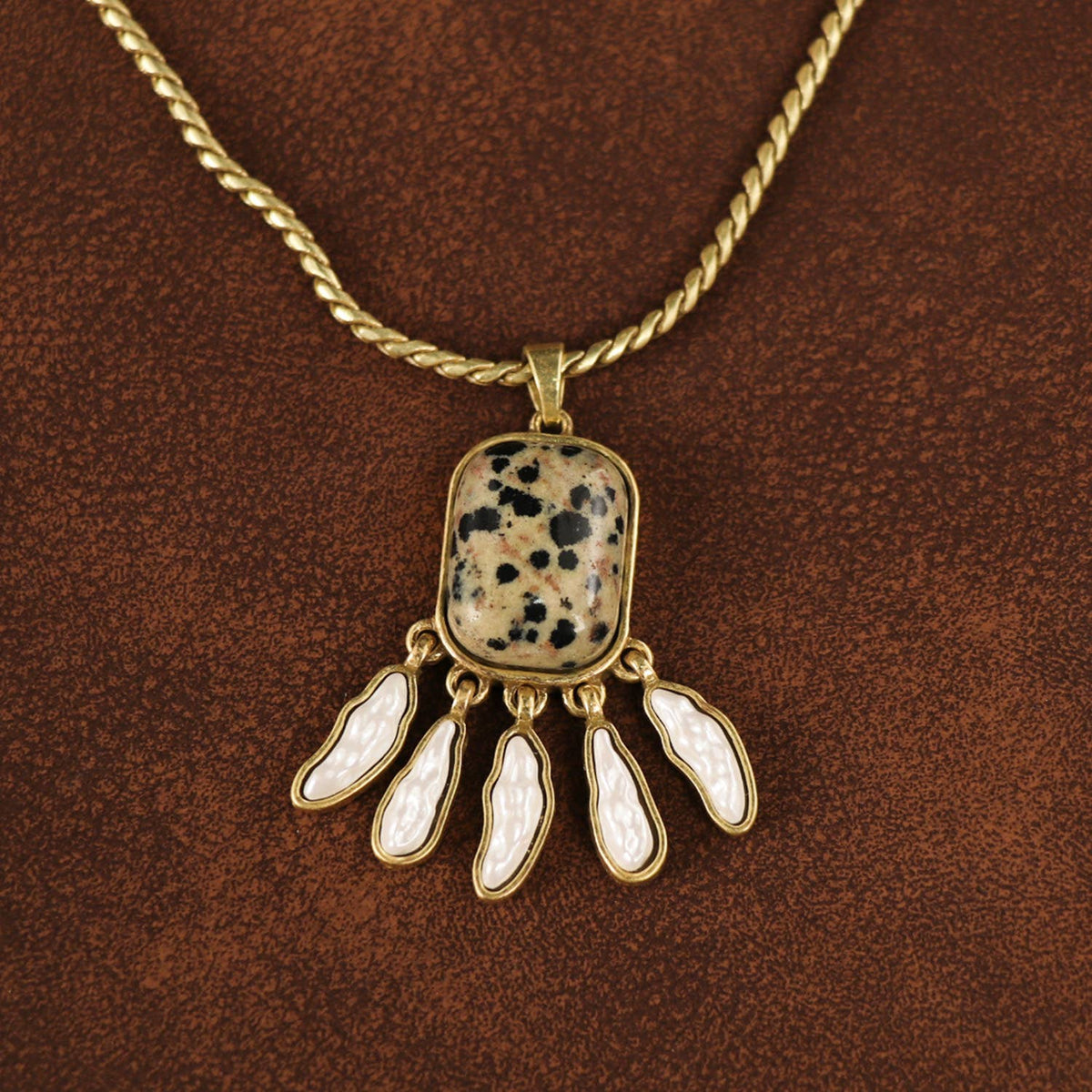 Elegant Dalmatian Jasper & Pearl Drop Pendant Necklace